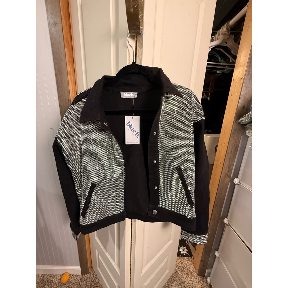 Blue B. Collection Black Denim Rhinestone Studded Cropped Jacket NWT